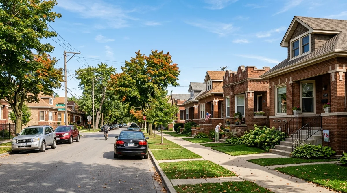 Classic brick bungalow street in the Belmont Cragin neighborhood, Chicago